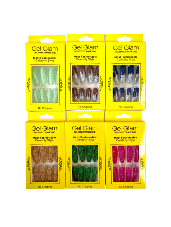 Set de uñas Gel Glam con diseño variados empaque amarillo