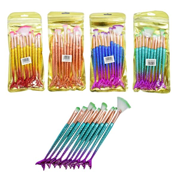 Set de 10 unidades de brochas cola de sirena tornasol empaque plateado